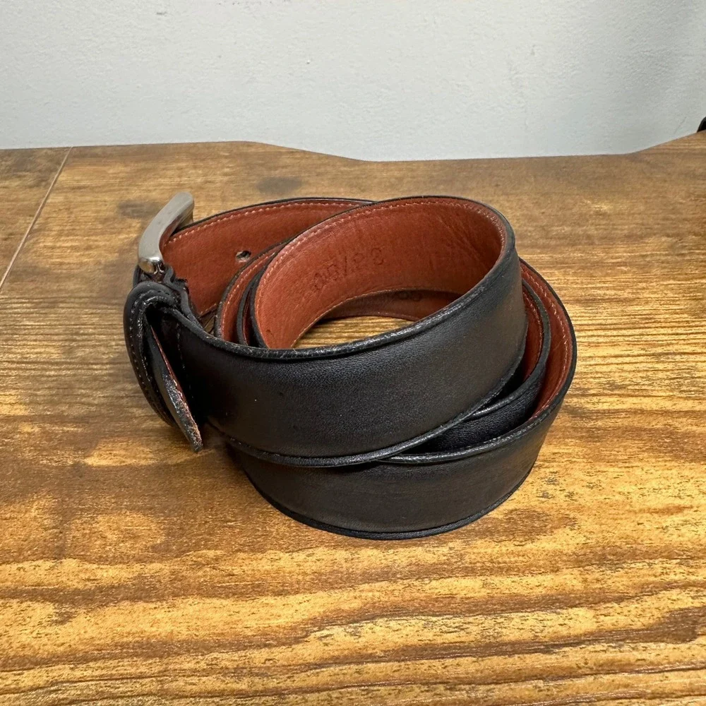 Bobby Jones Mens Black Leather Belt Silver Tone Solid Brass Buckle Size 36‎ 90